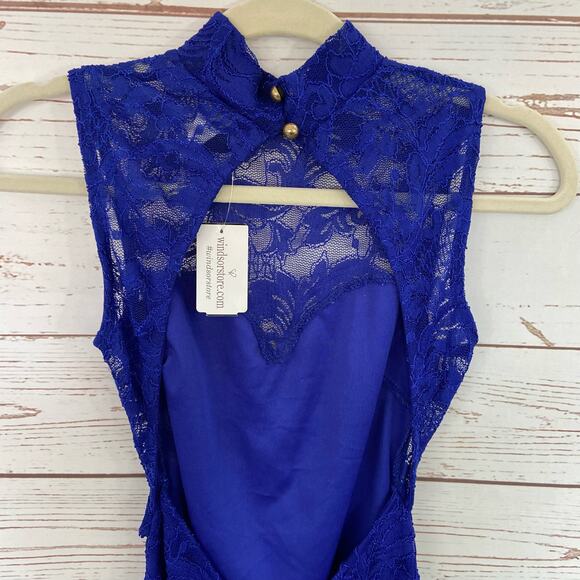 Windsor XS Royal Blue Floral Lace High Mock Neck Sleeveless Backless Mini Dress - Picture 5 of 6